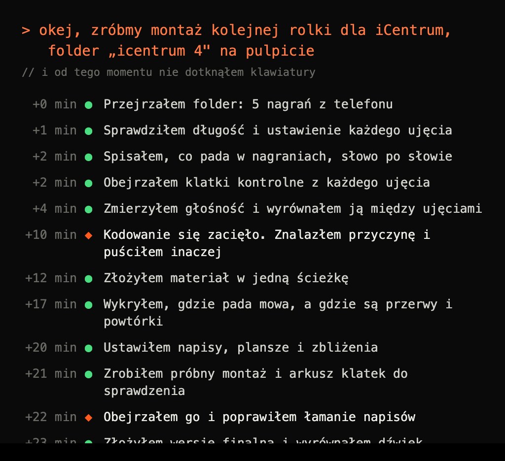 Zapis z terminala: po jednym poleceniu agent wykonał 36 operacji przez 26 minut, bez pytań