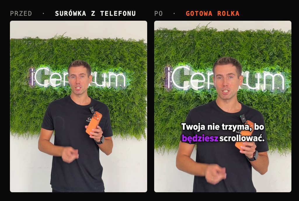 Ten sam moment nagrania: po lewej surowy kadr z telefonu, po prawej kadr po montażu