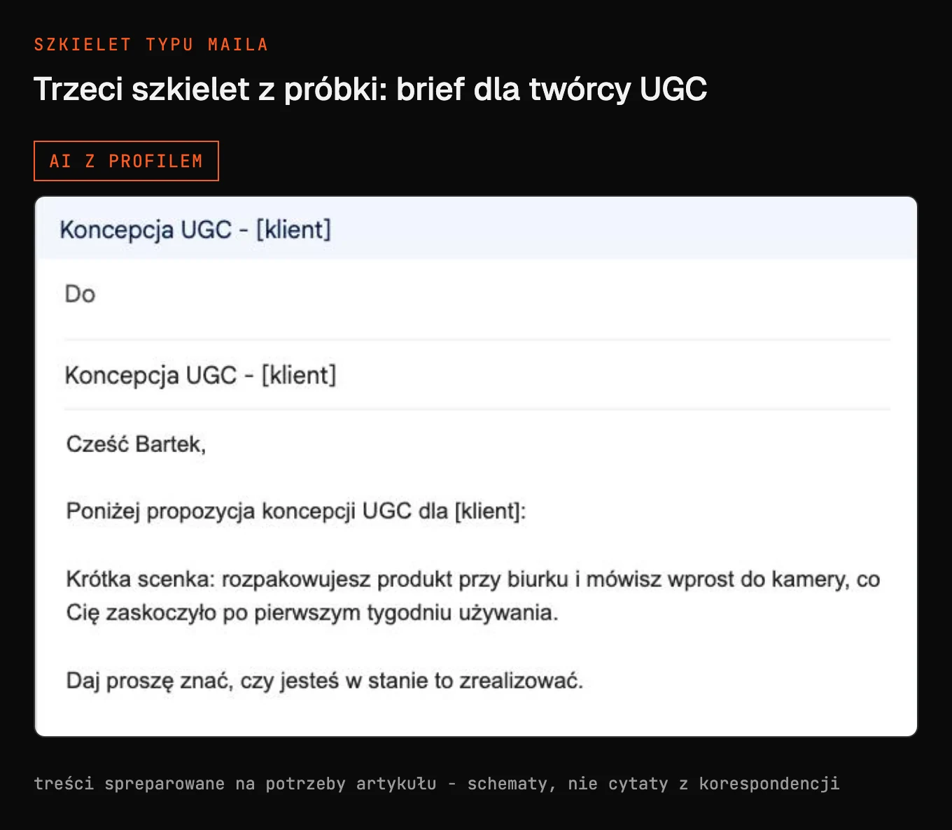 Okno Gmaila z briefem dla twórcy UGC: otwarcie Cześć Bartek, propozycja koncepcji UGC dla klienta, opis krótkiej scenki jednym akapitem i pytanie Daj proszę znać, czy jesteś w stanie to zrealizować
