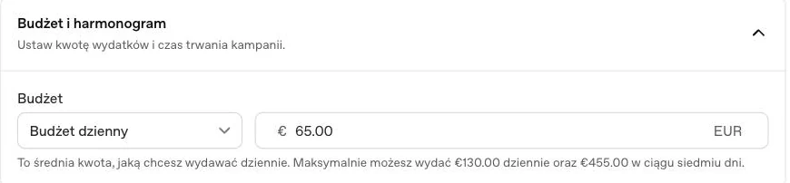Pole budżetu dziennego w kreatorze kampanii ChatGPT Ads z kwotą 65 EUR i informacją, że maksymalnie można wydać 130 EUR dziennie oraz 455 EUR w ciągu siedmiu dni