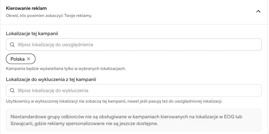 Sekcja kierowania reklam w kreatorze kampanii ChatGPT Ads z lokalizacją Polska, polem wykluczeń i komunikatem o braku obsługi niestandardowych grup odbiorców w EOG i Szwajcarii