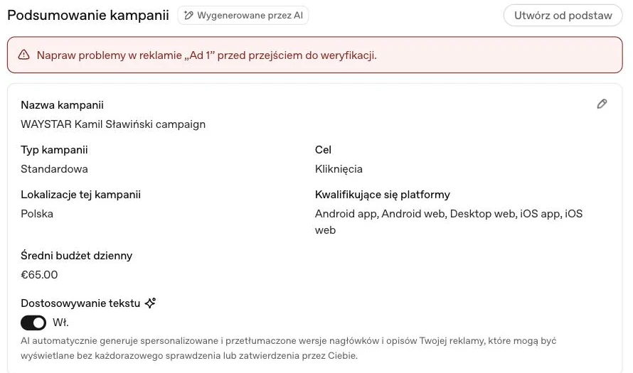 Podsumowanie kampanii ChatGPT Ads wygenerowanej przez AI: plakietka Wygenerowane przez AI, komunikat o konieczności naprawy problemów w reklamie przed weryfikacją, nazwa kampanii, typ standardowa, cel kliknięcia, lokalizacja Polska, kwalifikujące się platformy i włączony przełącznik Dostosowywanie tekstu