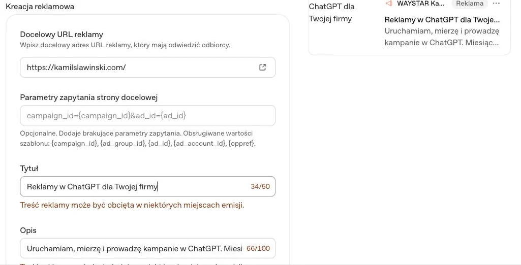 Edytor reklamy w Menedżerze reklam OpenAI: pole tytułu z licznikiem 34 na 50 i ostrzeżeniem, że treść reklamy może być obcięta w niektórych miejscach emisji, obok podgląd karty reklamowej z obciętym tytułem i opisem