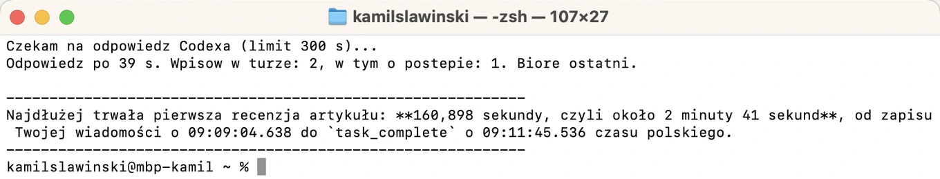 Okno terminala z odebraną odpowiedzią drugiego agenta
