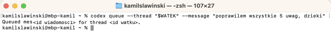 Okno terminala z komendą wysyłającą zlecenie do drugiego agenta
