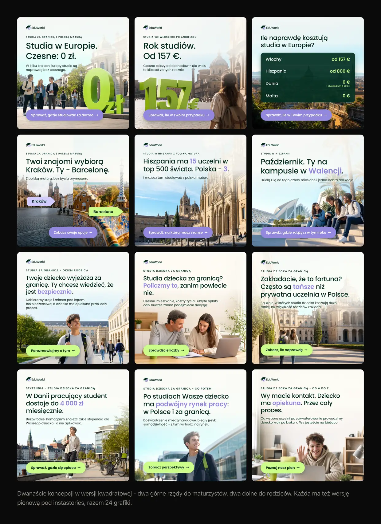Siatka dwunastu kwadratowych grafik reklamowych EduWorld w spójnej brandowej oprawie - limonkowe i lawendowe akcenty, font Poppins, logo w lewym górnym rogu każdej grafiki