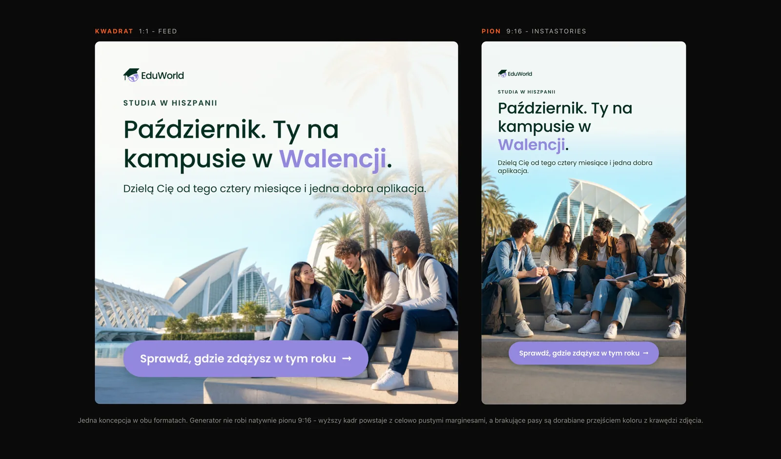 Grafika EduWorld o studiach w Walencji w dwóch formatach obok siebie: kwadrat do feedu i pionowe instastories 9:16 z tą samą sceną grupy studentów na kampusie