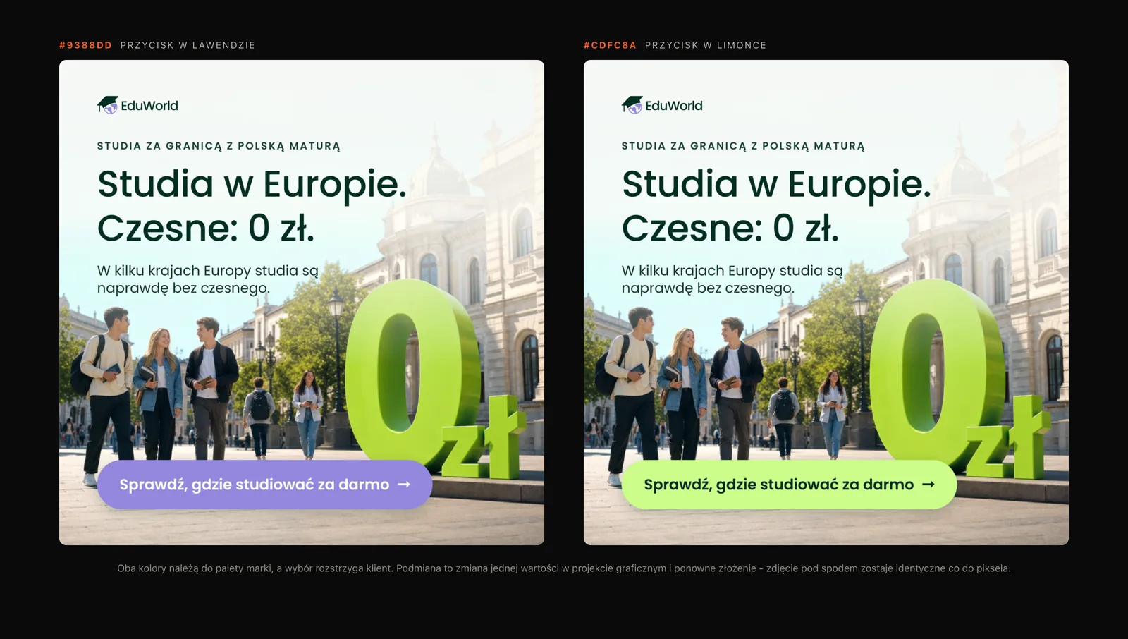 Dwie wersje tej samej grafiki EduWorld obok siebie: z lawendowym przyciskiem o kodzie #9388DD i z limonkowym przyciskiem o kodzie #CDFC8A, scena identyczna