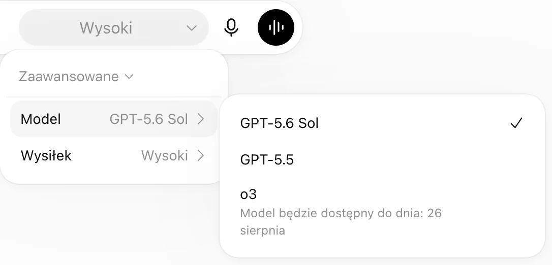 Menu wyboru modelu w ChatGPT z zaznaczonym GPT-5.6 Sol