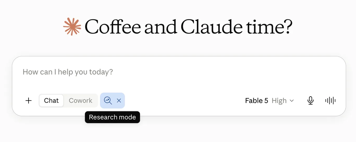 Okno czatu Claude z włączonym trybem Research i modelem Fable 5