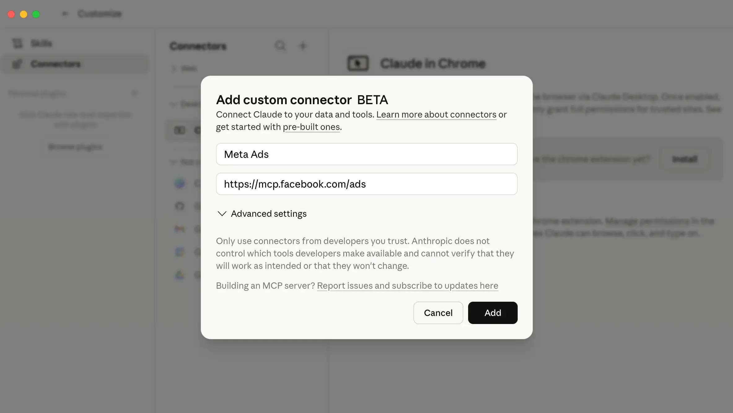 Dodawanie custom connectora w Claude — formularz Add custom connector z polami nazwa i URL serwera