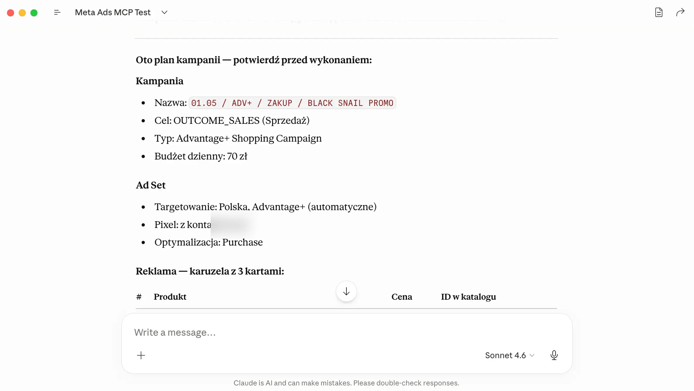 Plan kampanii Meta Ads w Claude — strukturalna lista do zatwierdzenia przed wykonaniem operacji przez API