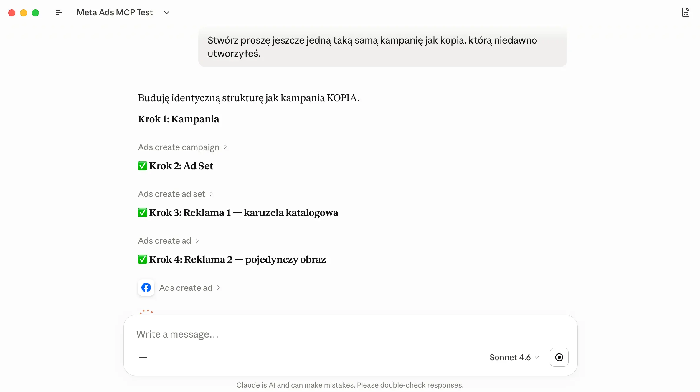 Claude odtwarza kampanię Meta Ads krok po kroku przez MCP - Ads create campaign, Ads create ad set, Ads create ad