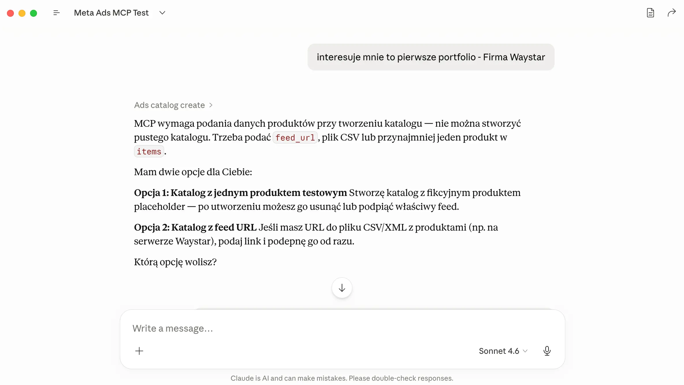 Claude wywołuje Ads catalog create przez MCP i wymaga feed_url, pliku CSV lub przynajmniej jednego produktu w items
