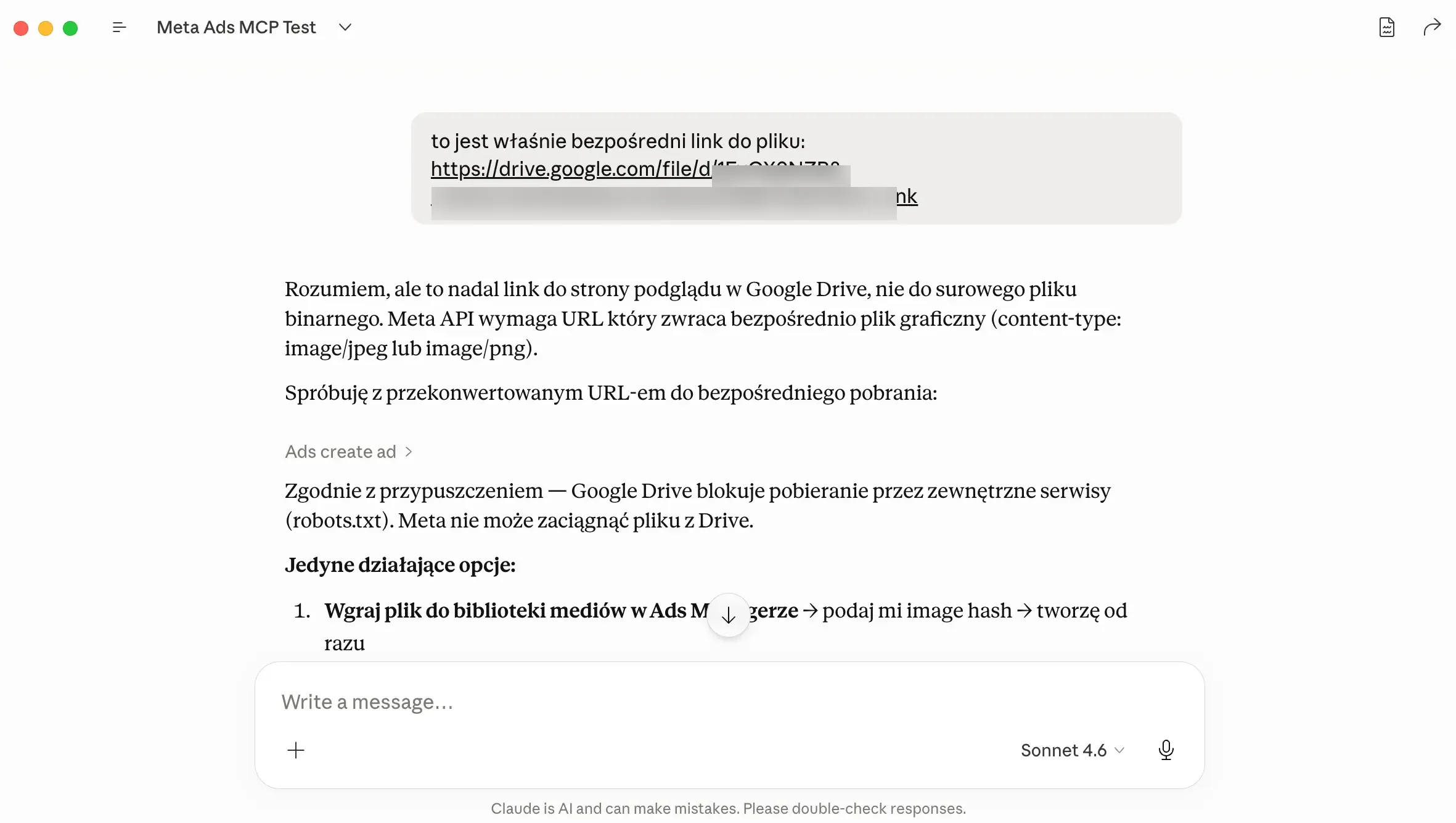 Claude tłumaczy, że Meta API wymaga URL zwracającego bezpośrednio plik graficzny - link do podglądu w Google Drive nie zadziała