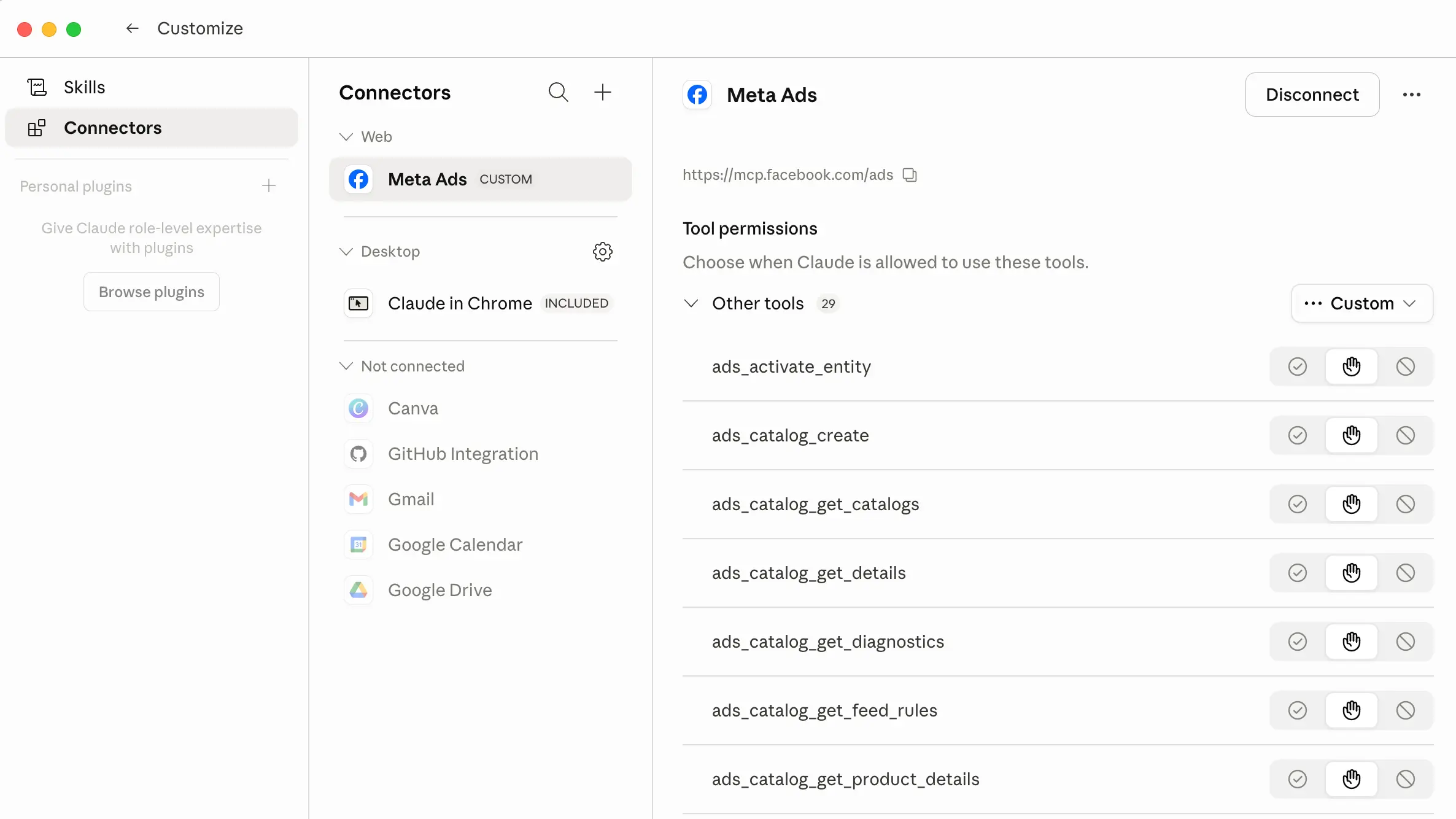 Aktywny connector Meta Ads w Claude — widok po pomyślnym dodaniu i autoryzacji OAuth