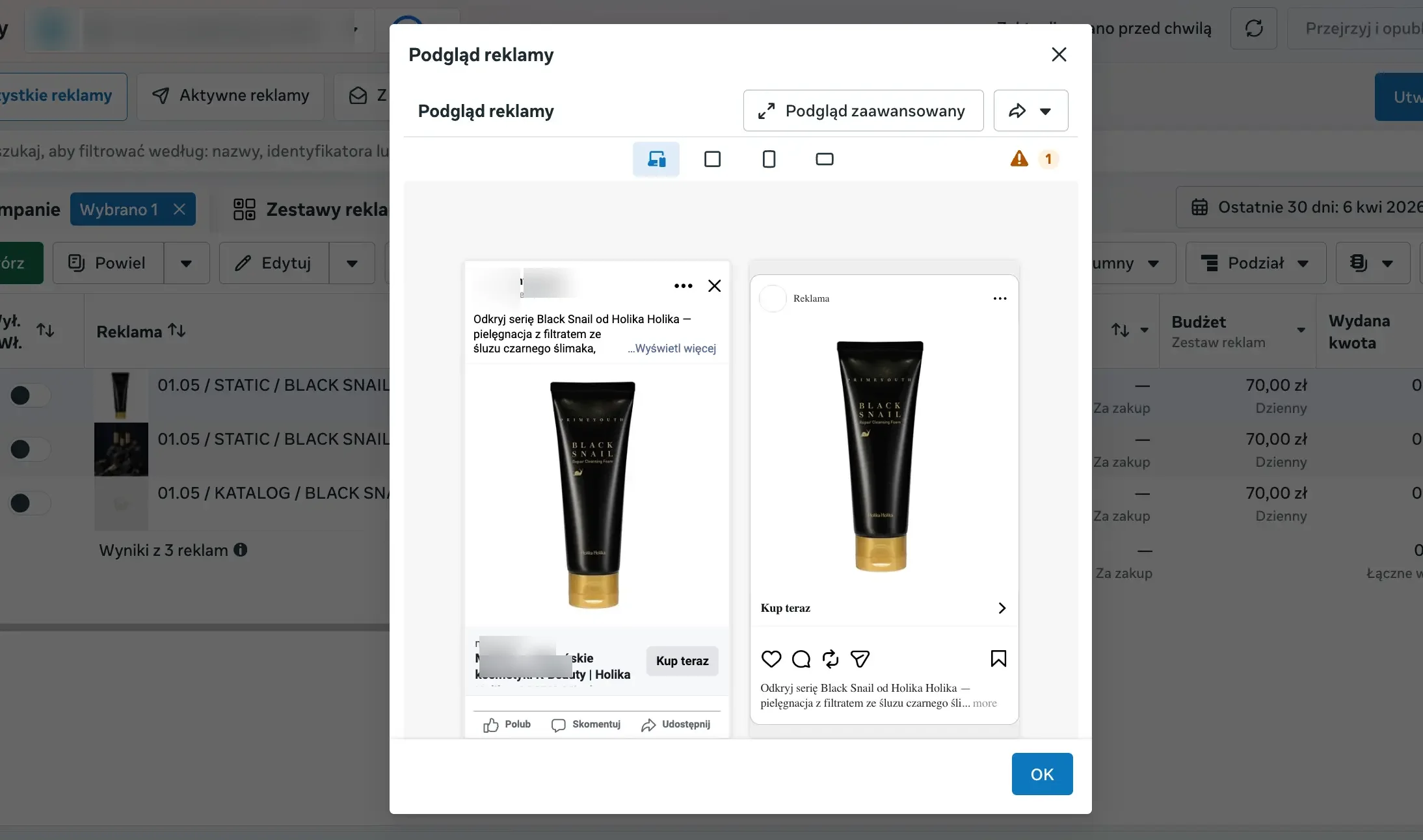 Podgląd kreacji reklamowej w Meta Ads Manager - grafika produktowa zaciągnięta z publicznego URL sklepu wyświetla się jako gotowa reklama Feed na Facebooku