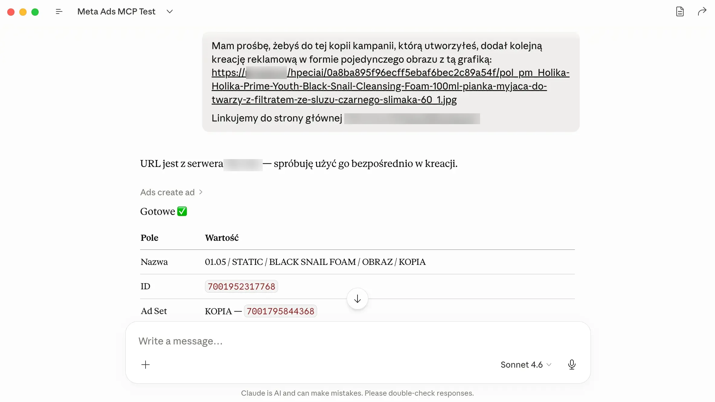 Claude pobiera grafikę produktową z publicznego URL sklepu i tworzy reklamę przez ads_create_ad - operacja zakończona, zwrócone ID reklamy i ad seta