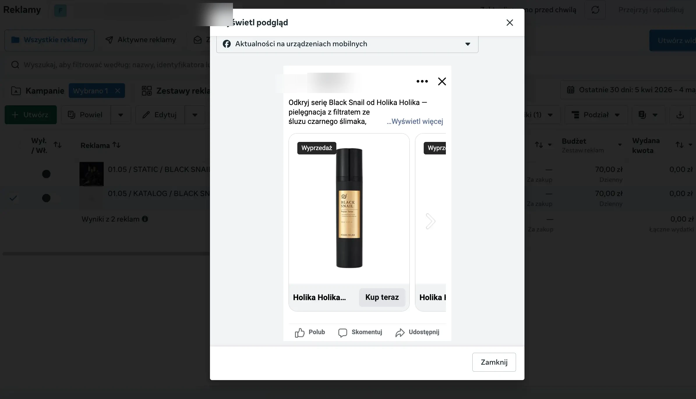 Podgląd reklamy karuzelowej Meta Ads zaciąganej z feedu produktowego — prawdziwa reklama katalogowa Advantage+