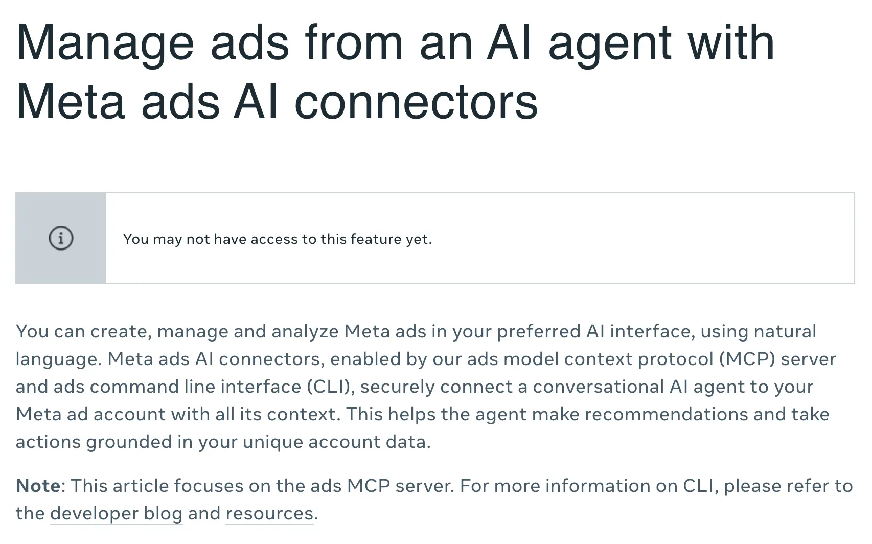 Strona Mety na temat MCP — oficjalna dokumentacja serwera Meta Ads MCP