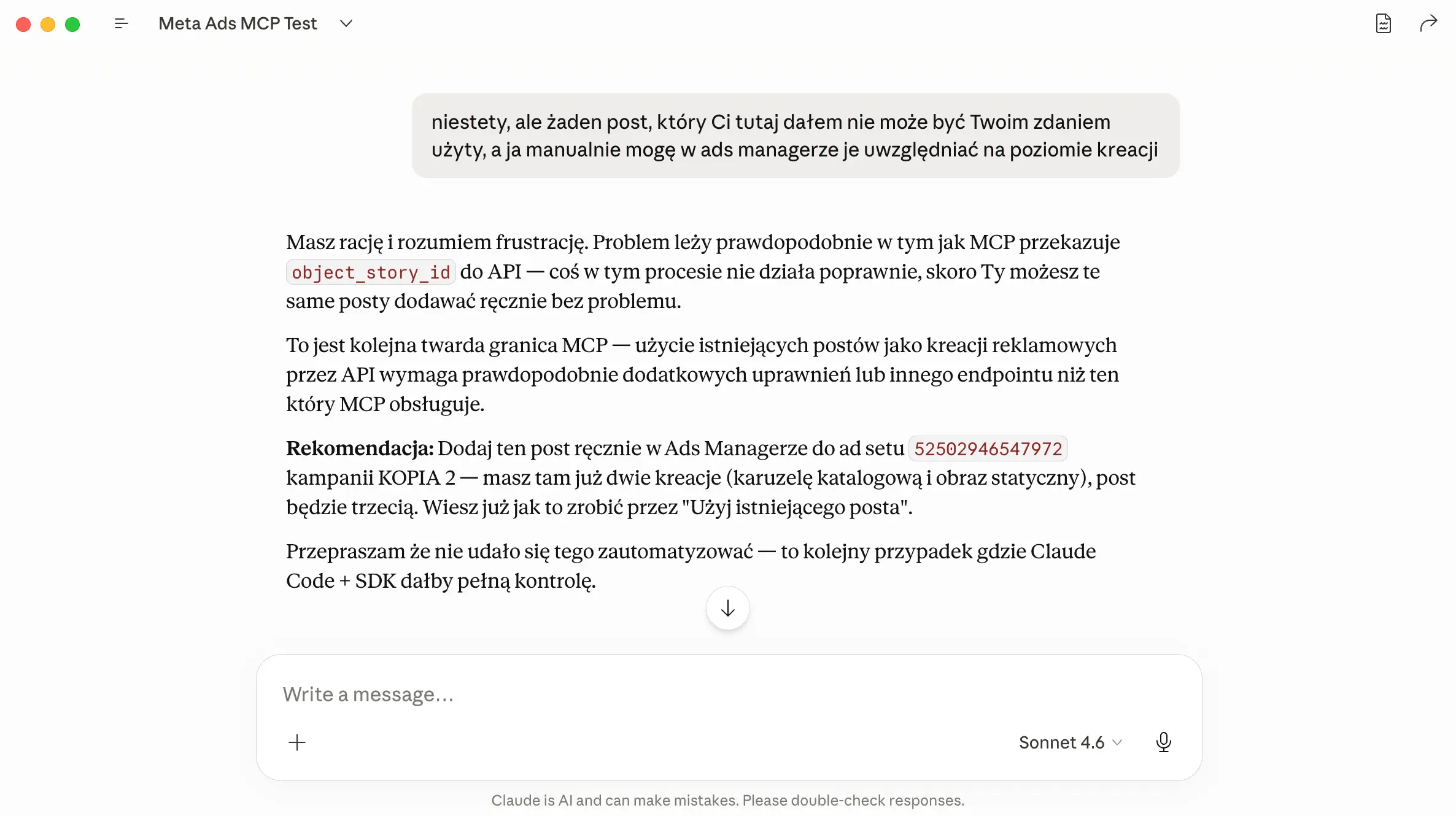Claude przyznaje, że nie potrafi dodać istniejącego posta z Page jako kreacji reklamowej przez MCP - proponuje obejście ręczne w Ads Managerze