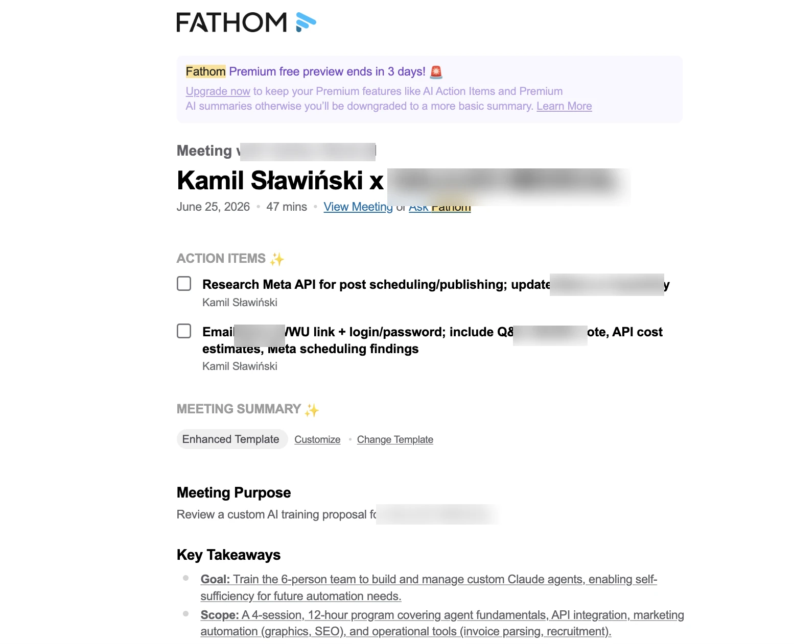Podsumowanie rozmowy Discovery w Fathom - action items i streszczenie spotkania jako esencja dla agenta AI