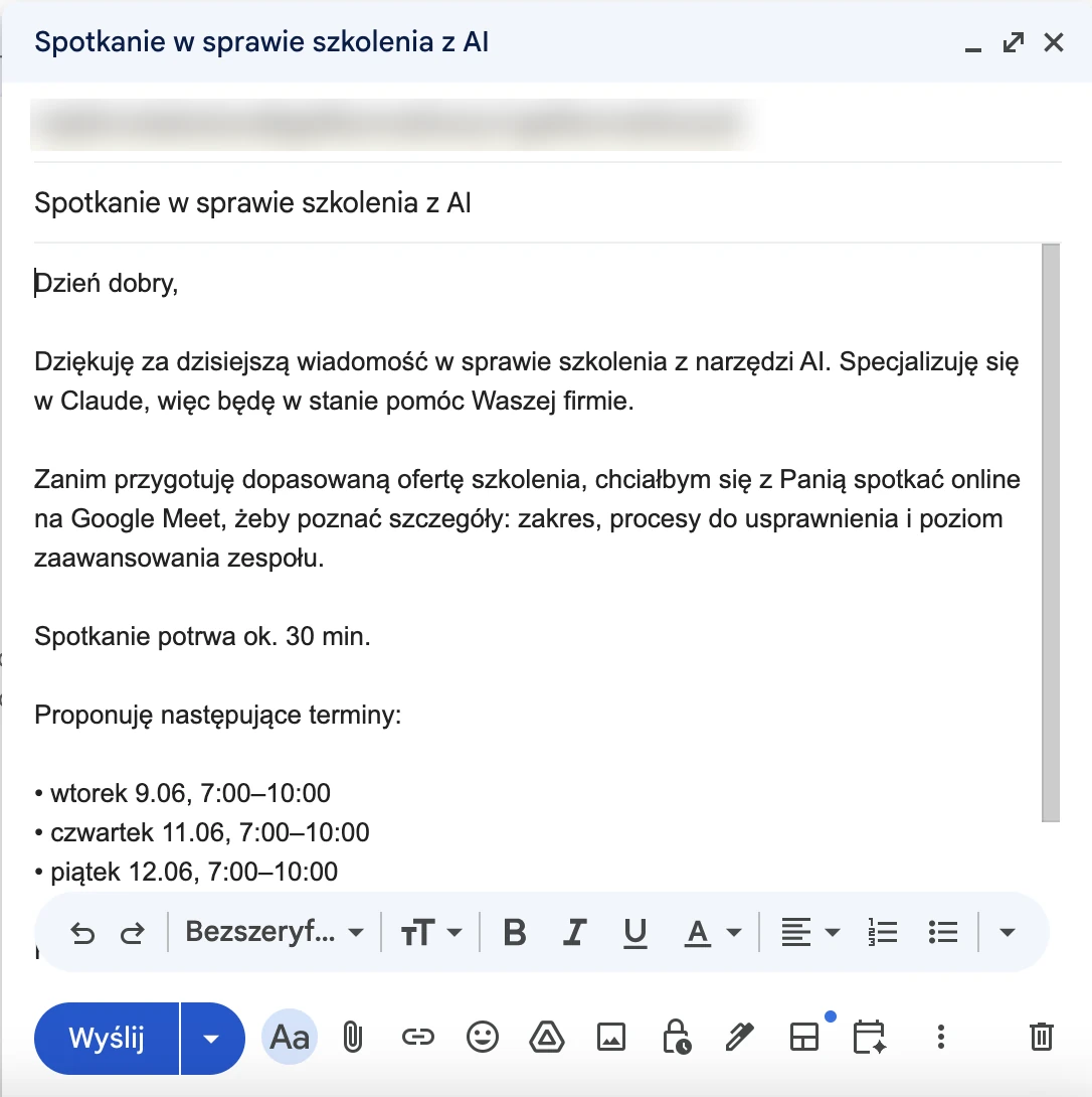 Roboczy draft pierwszej odpowiedzi do leada w Gmailu - agent AI proponuje rozmowę Discovery i trzy terminy
