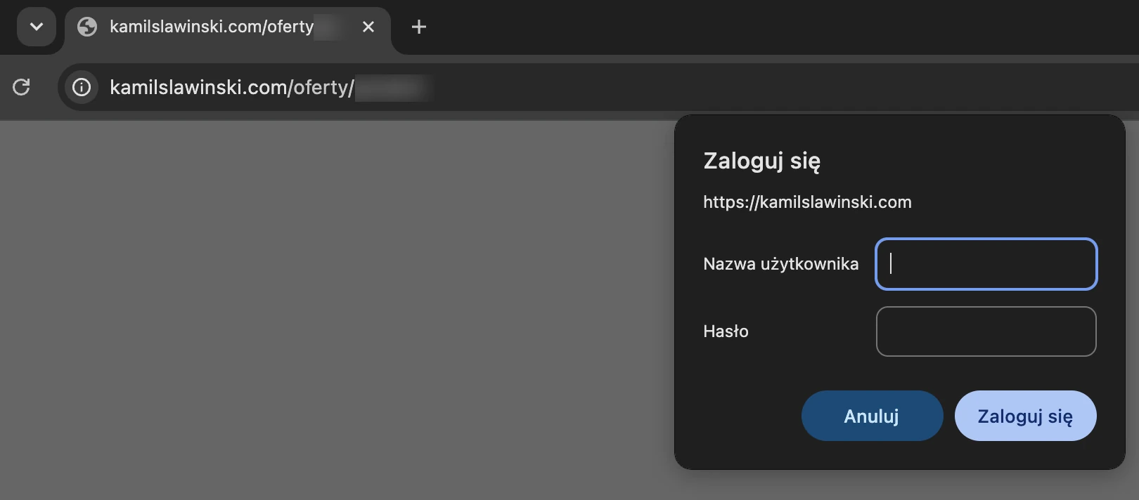 Strona oferty chroniona loginem i hasłem - okno logowania przed wejściem do indywidualnej oferty