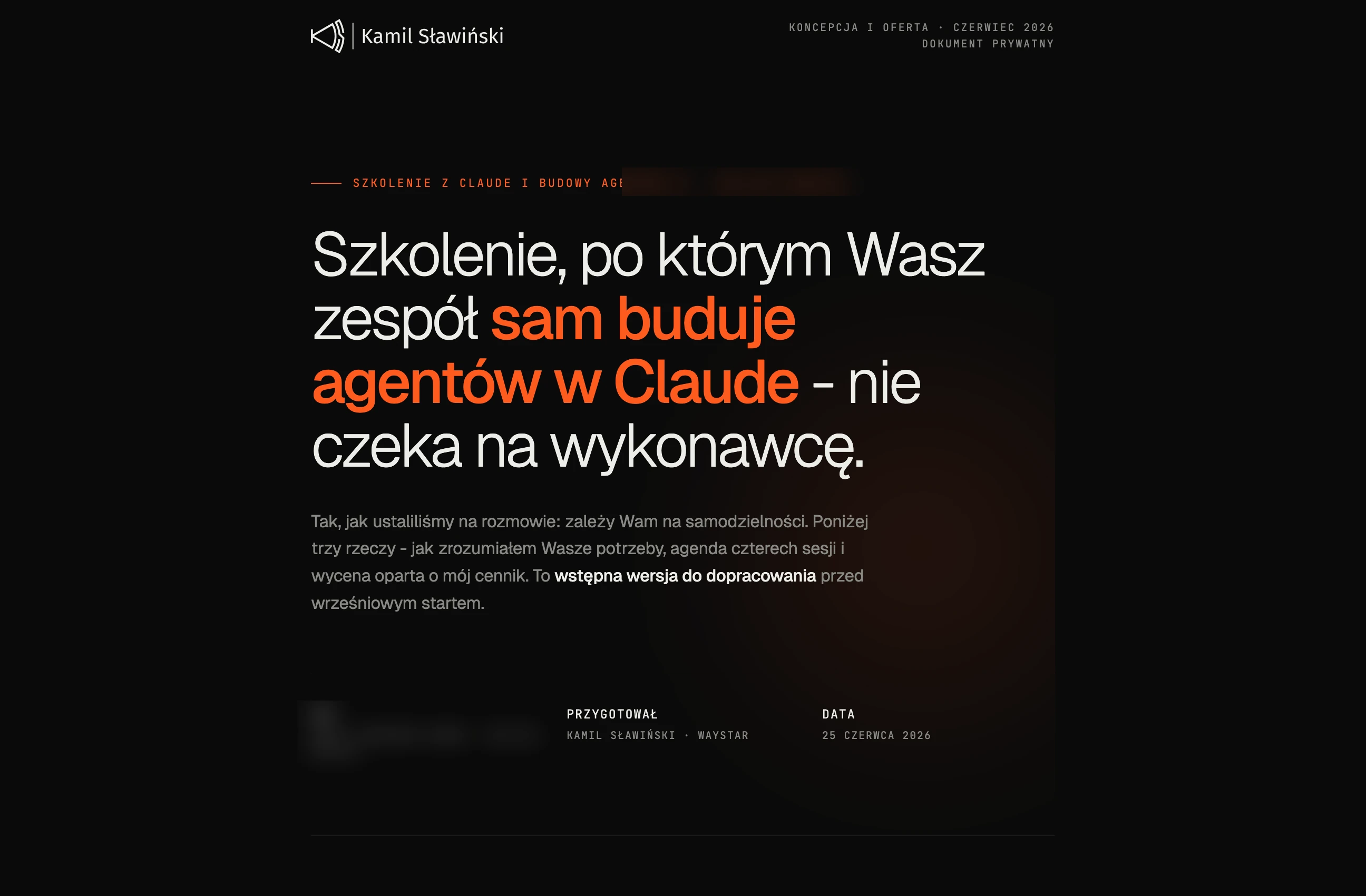 Strona oferty zbudowana pod jedną firmę - hero indywidualnej oferty na domenie kamilslawinski.com