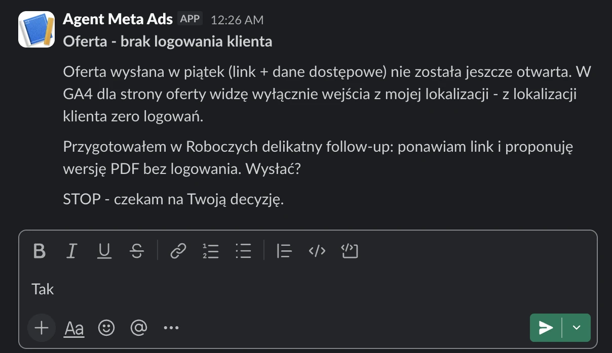 Powiadomienie agenta AI na Slacku - oferta nie została jeszcze otwarta według Google Analytics, gotowy follow-up