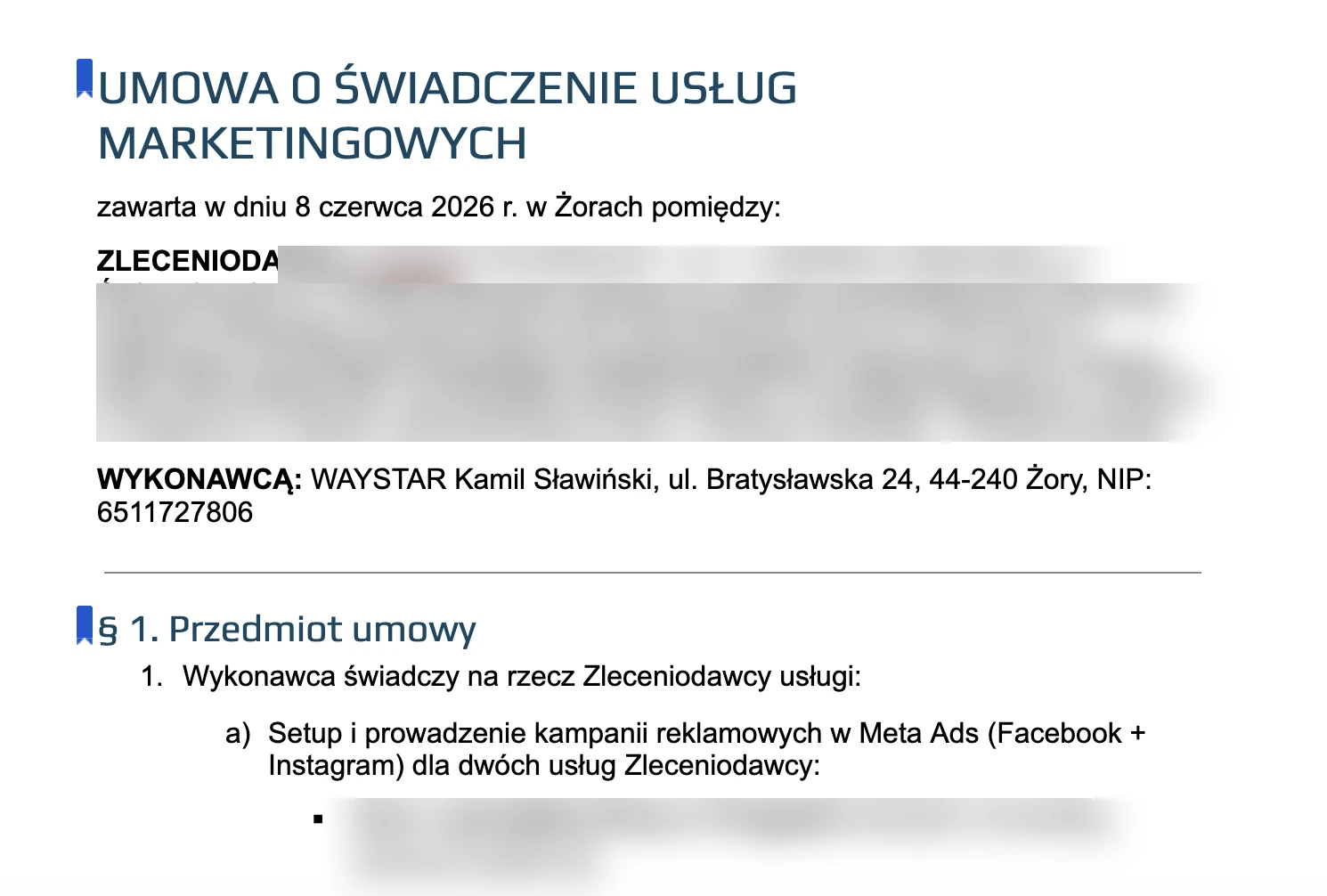 Projekt umowy o świadczenie usług marketingowych przygotowany przez agenta AI - dane klienta zasłonięte