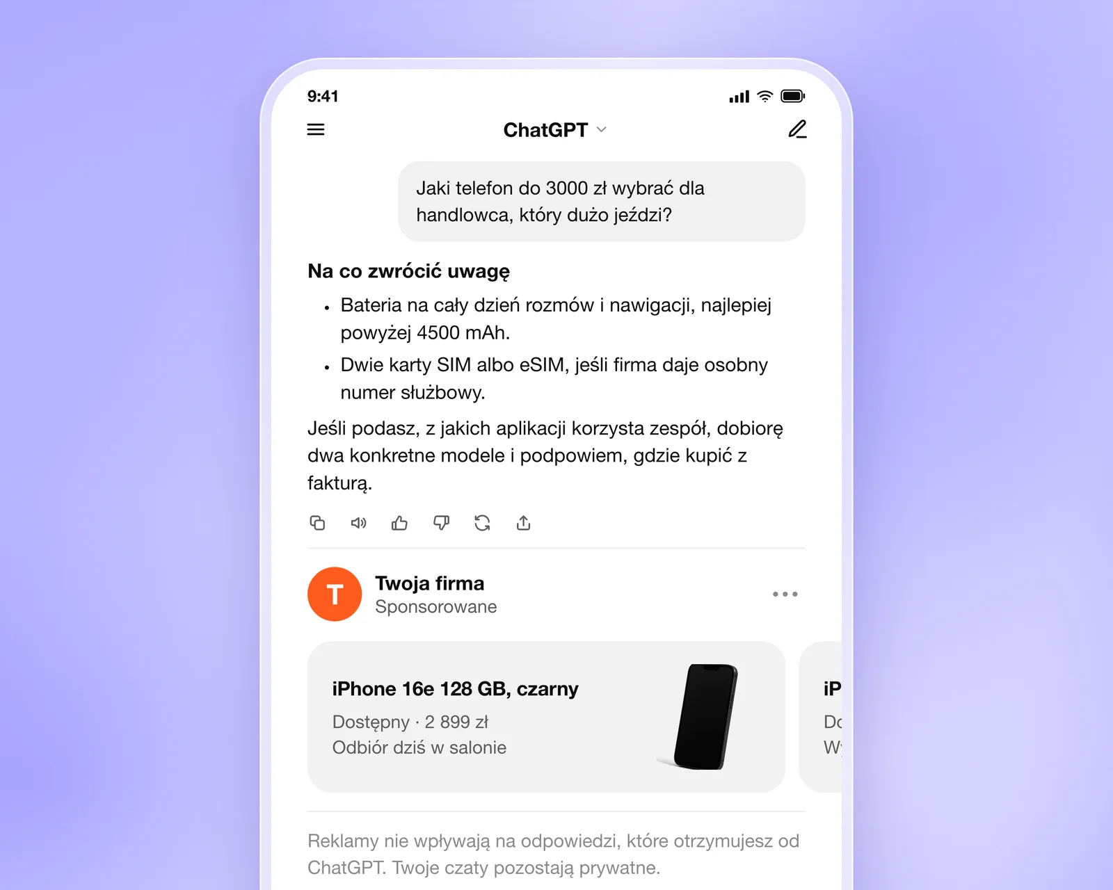 Makieta reklamy w ChatGPT na telefonie: pod odpowiedzią o wyborze telefonu dla handlowca blok Twoja firma z etykietą Sponsorowane i karta produktu iPhone 16e z ceną