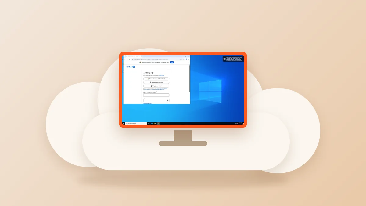 Monitor komputera z pulpitem Windows i stroną logowania LinkedIn, osadzony w chmurze na kremowym tle