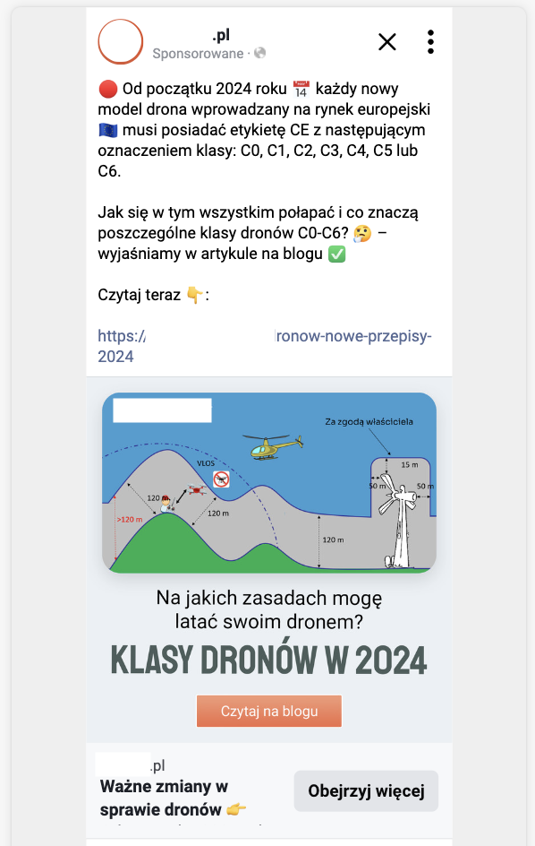 Przykład kreacji reklamowej na Facebooku dla artykułu blogowego