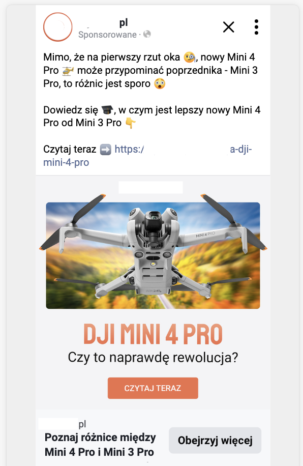 Kolejny przykład kreacji reklamowej na Facebooku dla artykułu blogowego